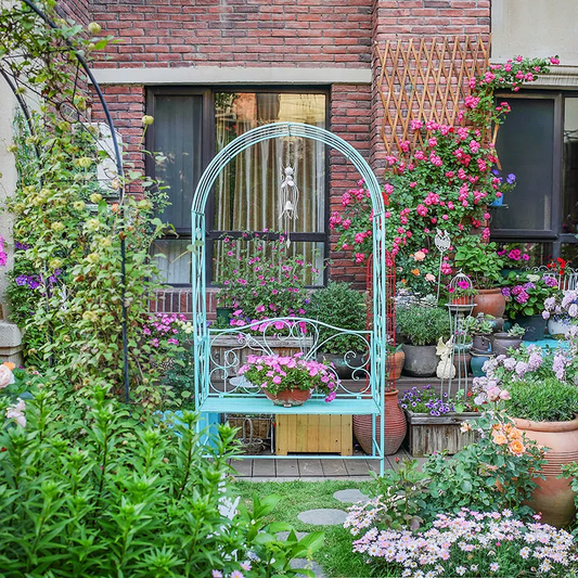 Outdoor Patio Rose Trellis Pergola Climbing Plant Archway Garden Rose Arch with Bench round metal arch