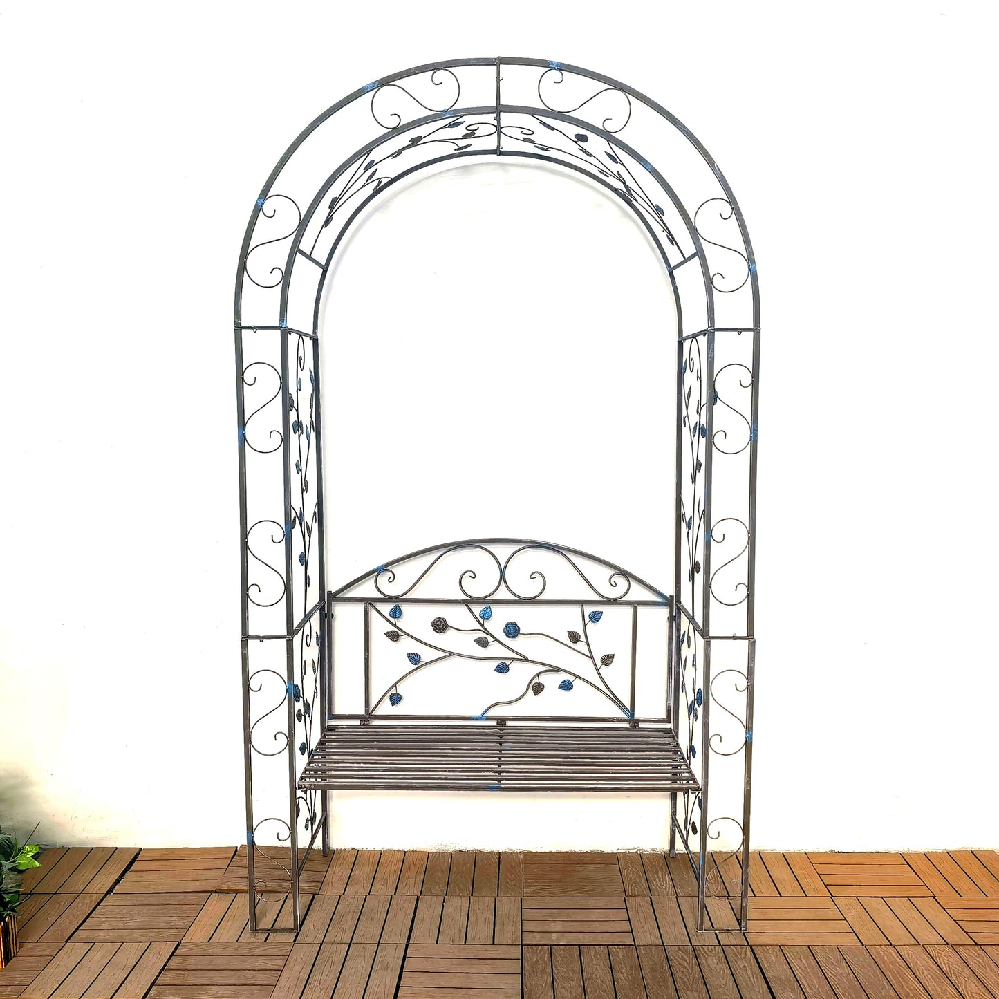 Banco de jardim de ferro antigo, arco de metal para exterior, arco de jardim redondo, arco de metal