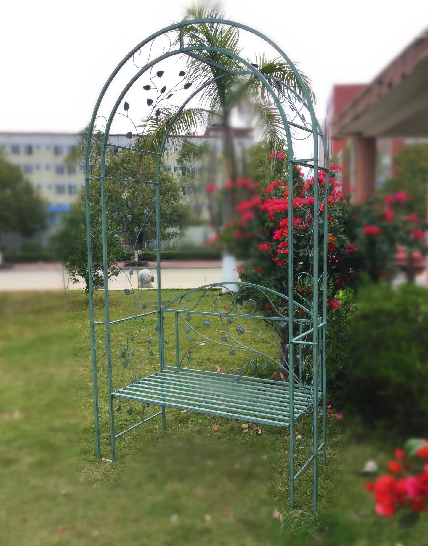 Banco de jardim de ferro antigo, arco de metal para exterior, arco de jardim redondo, arco de metal