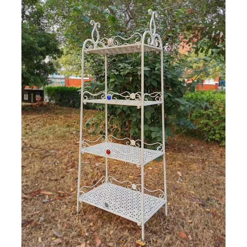 Vintage White Wrought Iron Outdoor Garden Home Flower Pots Shelf Plant Shelf Rack