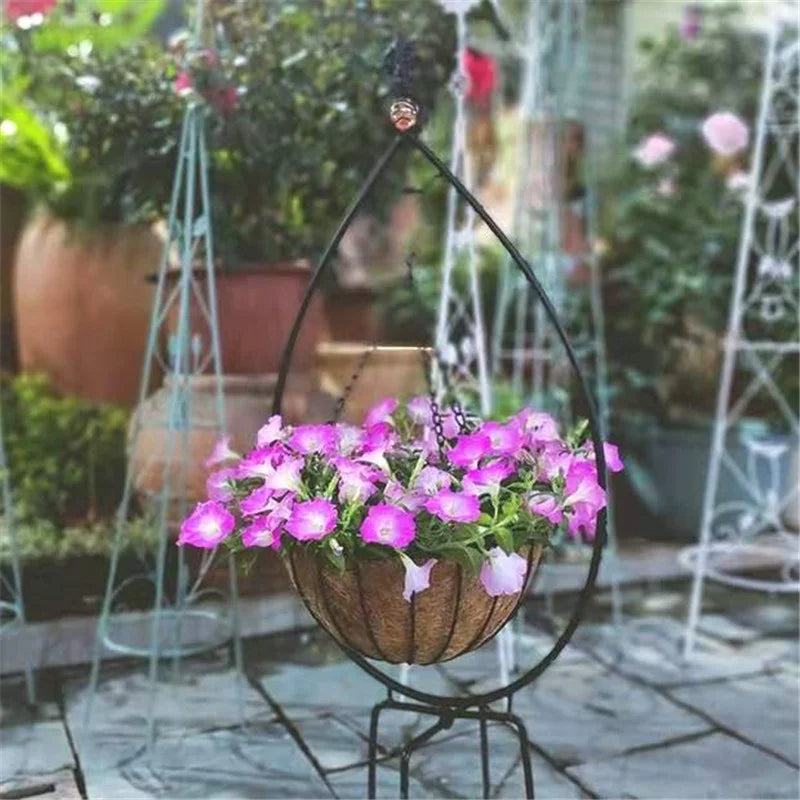 Garden Decorative Plant Pot Coco Coir Liner Hanging Planter Metal Basket Stand Set