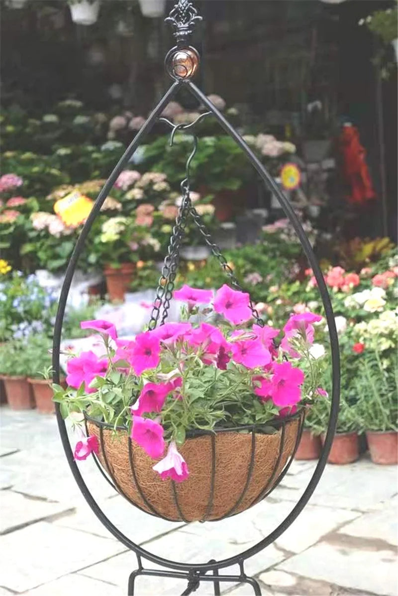 Garden Decorative Plant Pot Coco Coir Liner Hanging Planter Metal Basket Stand Set