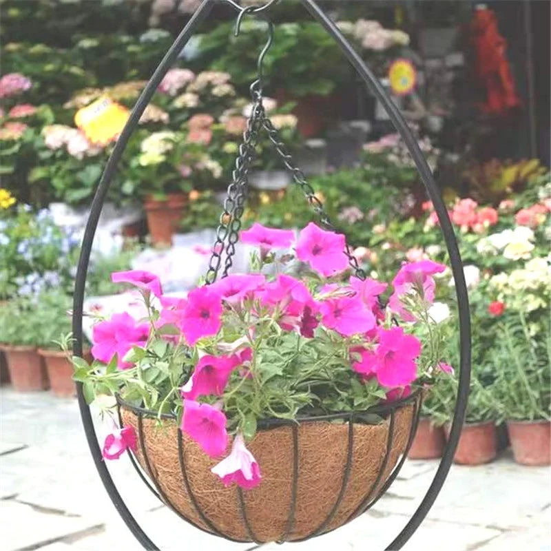 Garden Decorative Plant Pot Coco Coir Liner Hanging Planter Metal Basket Stand Set