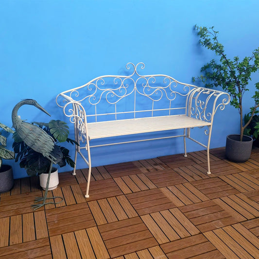 Vintage Metal Wrought Iron Foldable Slatted Design Patio Bench Outdoor Garden Bench