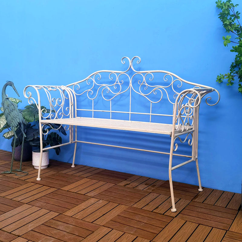 Vintage Metal Wrought Iron Foldable Slatted Design Patio Bench Outdoor Garden Bench