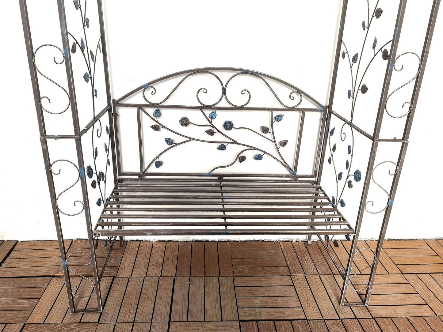 Banco de jardim de ferro antigo, arco de metal para exterior, arco de jardim redondo, arco de metal