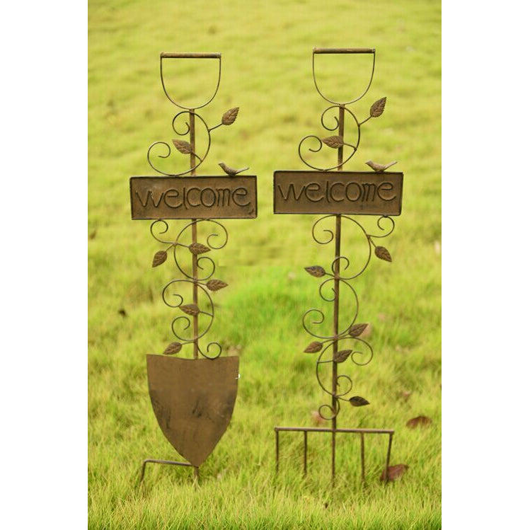 Farm Tools Design Metal Shovel Stake with flower pot Garden Decoration Metal Shovel