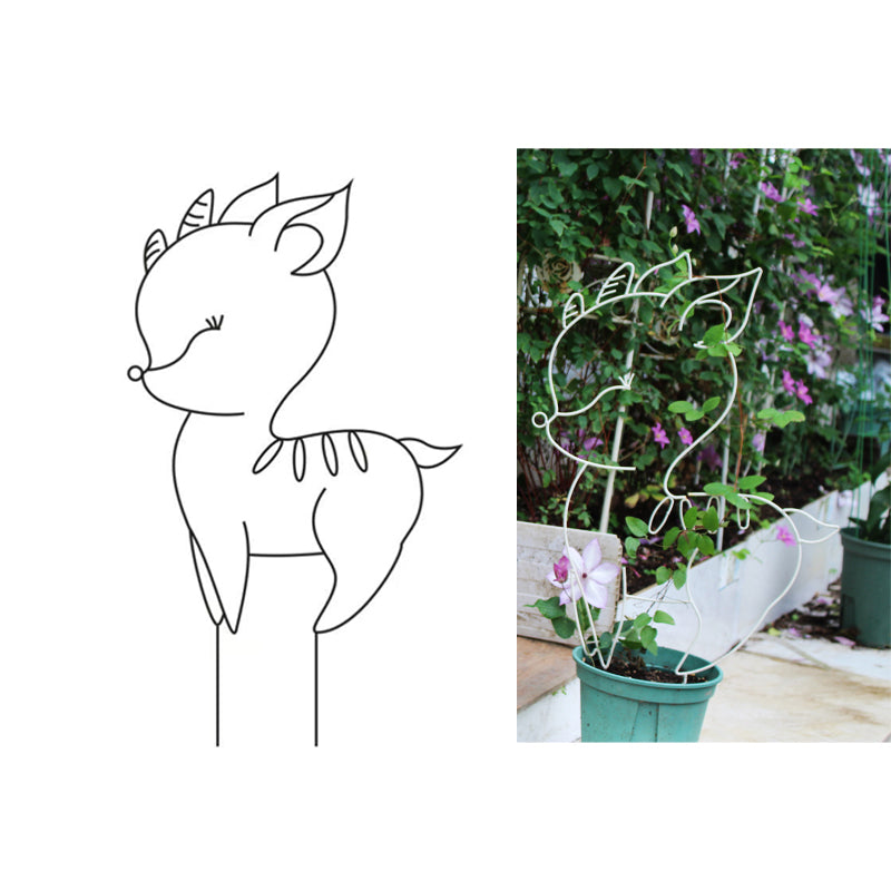 Deer and peacock shaped metal plant stands create an ideal trellis for climbing plants