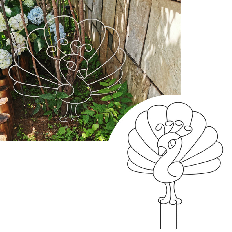 Deer and peacock shaped metal plant stands create an ideal trellis for climbing plants