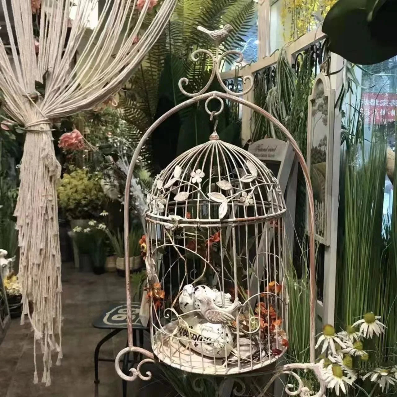 Iron bird cage flower stand outdoor display garden storage pot stand to make old white bird cage flower table crafts