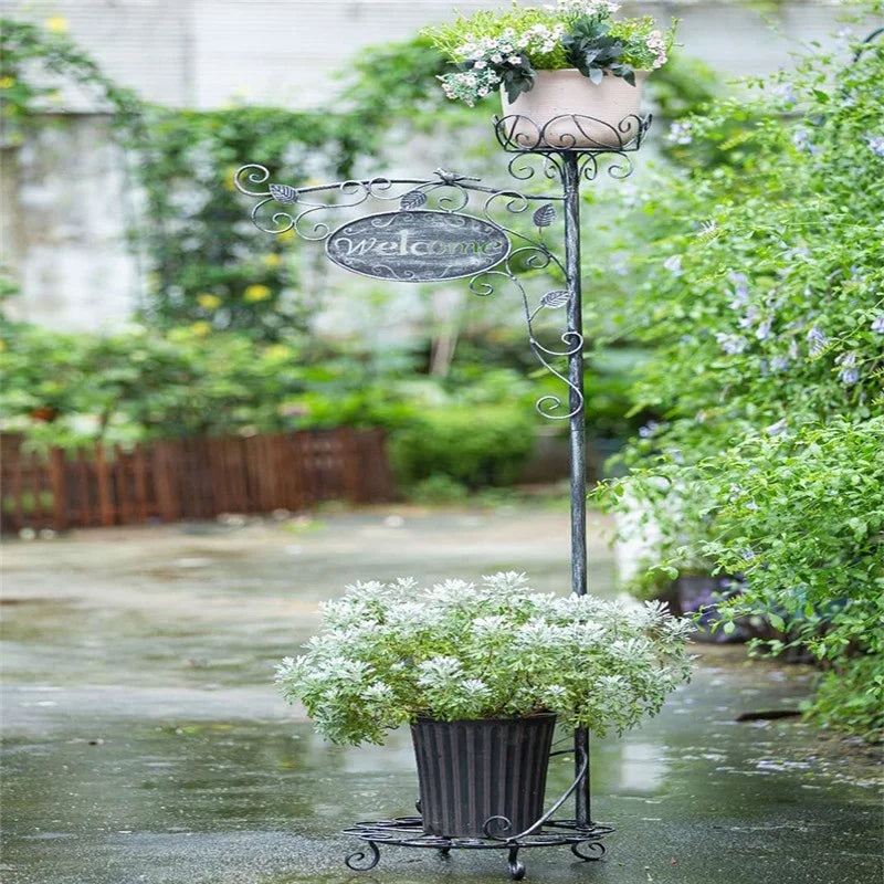 Wrought iron welcome to double basket three-dimensional flower stand floor garden decoration climbing vine shelf