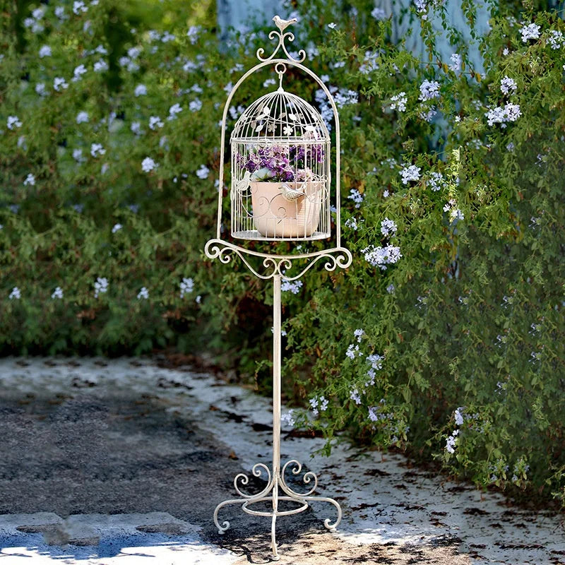 Iron bird cage flower stand outdoor display garden storage pot stand to make old white bird cage flower table crafts