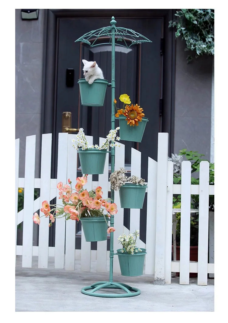 iron art new umbrella flower stand multi-layer stepped flower pot stand balcony courtyard outdoor decoration display shelf