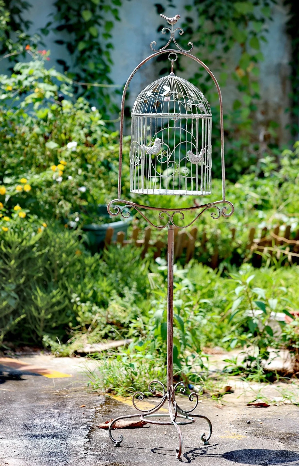 Iron bird cage flower stand outdoor display garden storage pot stand to make old white bird cage flower table crafts