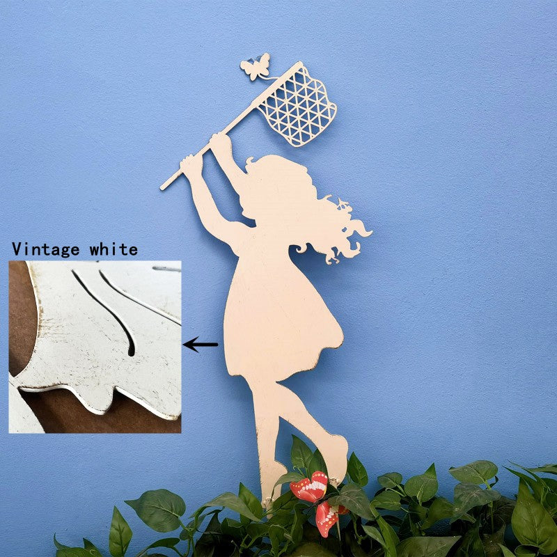 Floor-standing garden iron groceries European style ornaments balcony garden flower pot decoration ground insert butterfly catching little girl